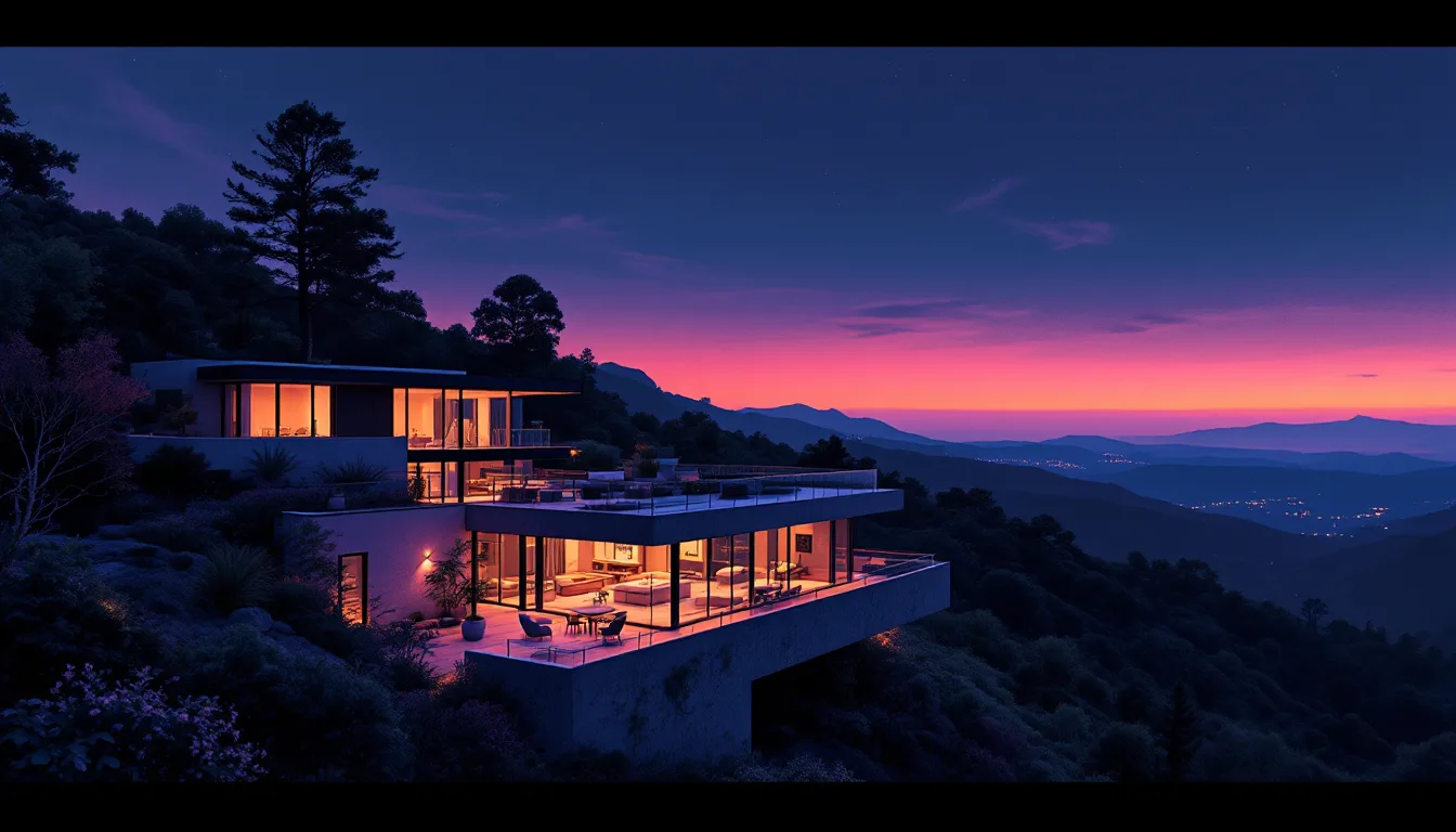 Painterly dusk render of a modern hillside residence with warm interior glow