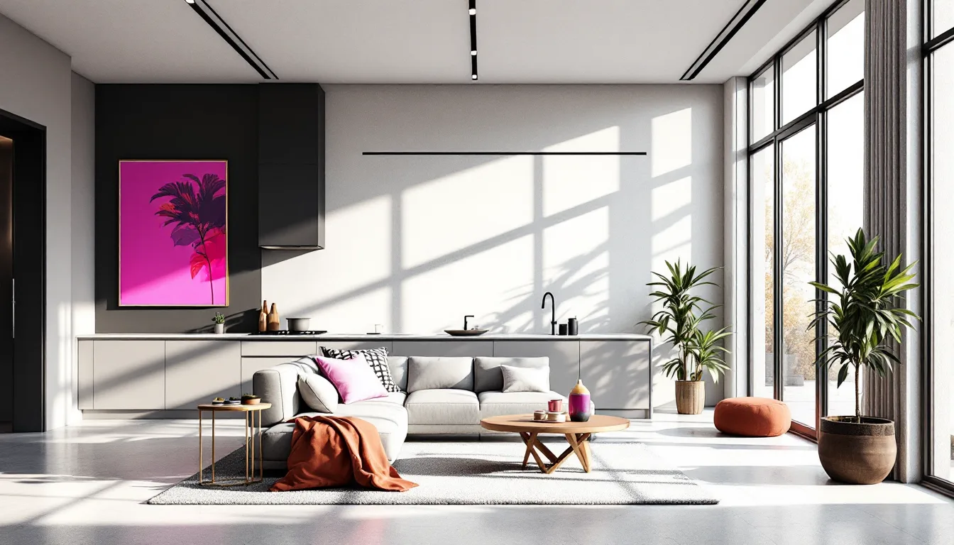 Painterly render of a light-filled modern interior with staged furniture
